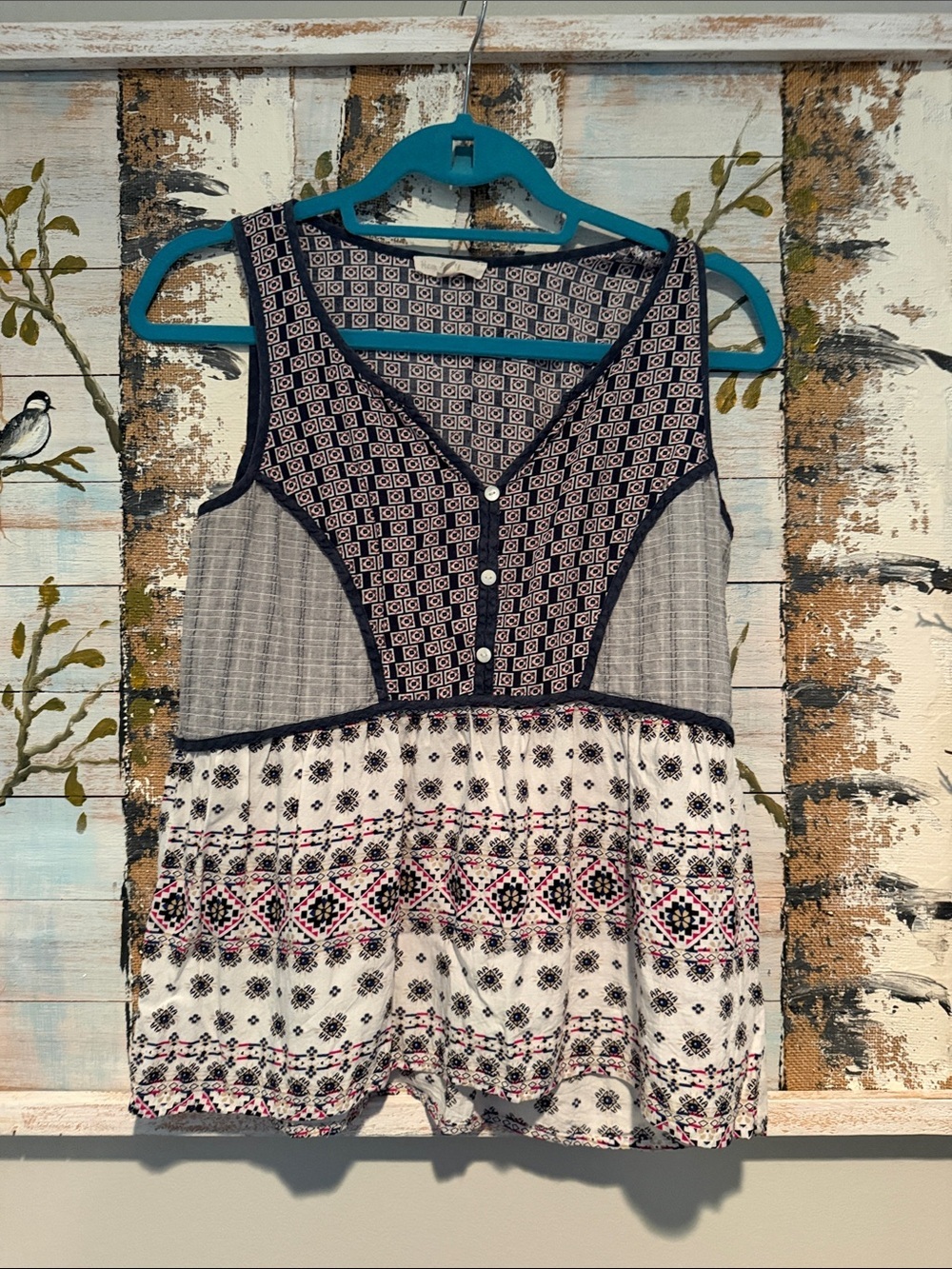 Hem & Thread Navy and White Patterned Boho Tank Top